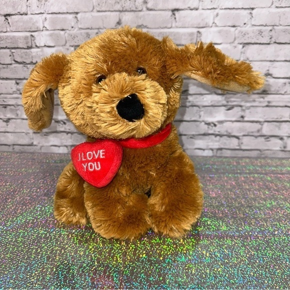 Christa Playful Plush I LOVE YOU Tan DOG Plush Stuffed Animal Red Heart Shaggy - Picture 1 of 11